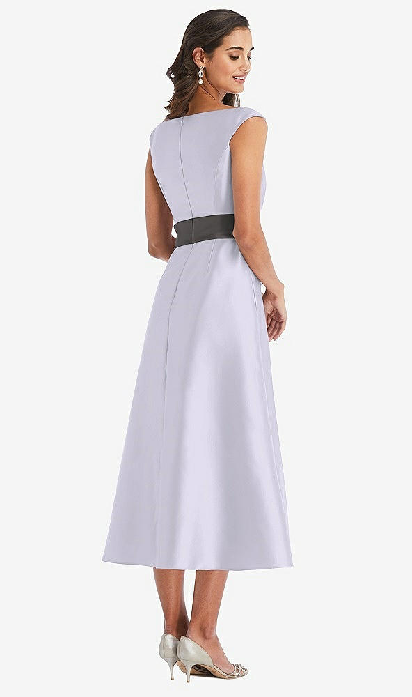 Back View - Silver Dove & Caviar Gray Off-the-Shoulder Draped Wrap Satin Midi Dress with Pockets