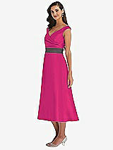 Side View Thumbnail - Think Pink & Caviar Gray Off-the-Shoulder Draped Wrap Satin Midi Dress with Pockets