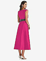 Rear View Thumbnail - Think Pink & Caviar Gray Off-the-Shoulder Draped Wrap Satin Midi Dress with Pockets