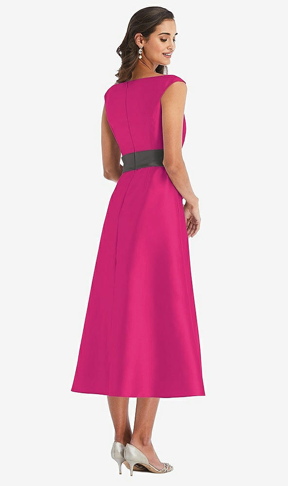 Back View - Think Pink & Caviar Gray Off-the-Shoulder Draped Wrap Satin Midi Dress with Pockets