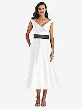 Front View Thumbnail - White & Caviar Gray Off-the-Shoulder Draped Wrap Satin Midi Dress with Pockets