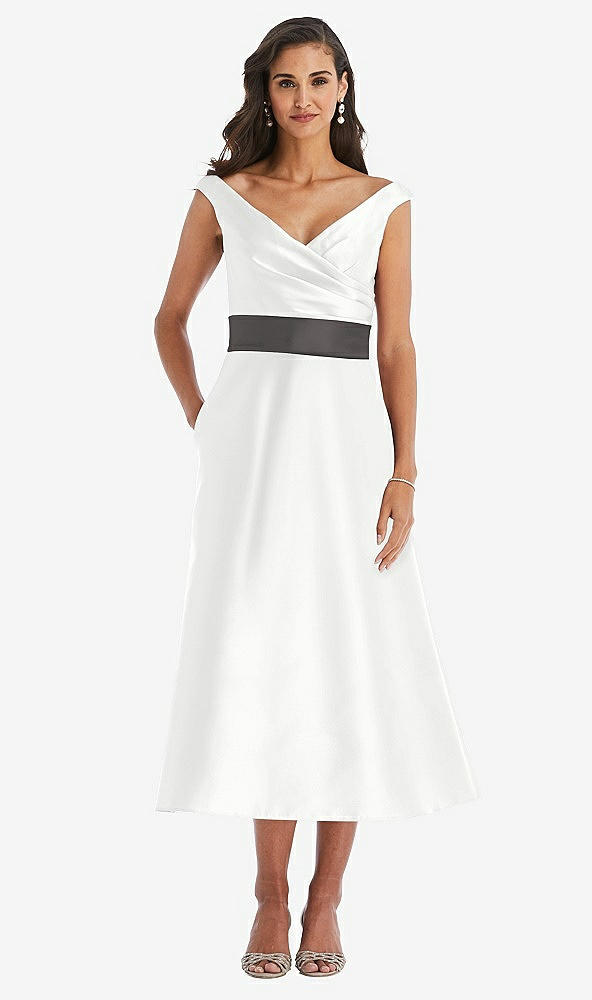Front View - White & Caviar Gray Off-the-Shoulder Draped Wrap Satin Midi Dress with Pockets