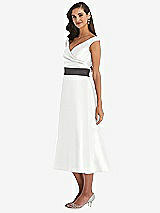Side View Thumbnail - White & Caviar Gray Off-the-Shoulder Draped Wrap Satin Midi Dress with Pockets