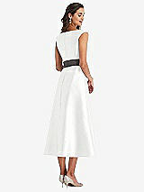 Rear View Thumbnail - White & Caviar Gray Off-the-Shoulder Draped Wrap Satin Midi Dress with Pockets