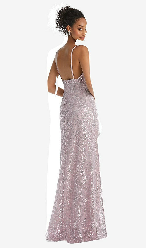Back View - Suede Rose V-Neck Metallic Lace Maxi Dress with Adjustable Straps