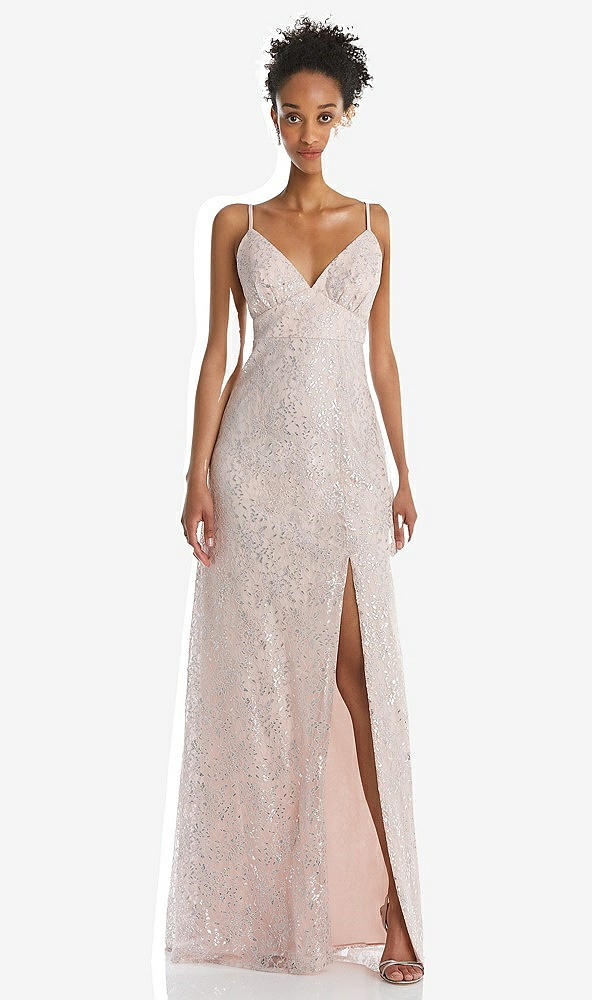 Front View - Blush V-Neck Metallic Lace Maxi Dress with Adjustable Straps