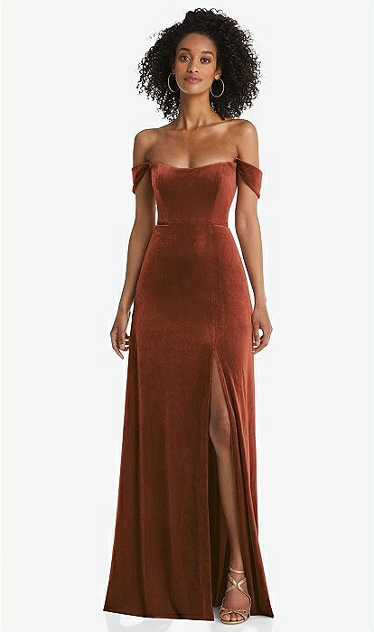 Off the shoulder Flounce Sleeve Velvet Maxi Bridesmaid Dress In