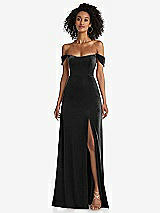 Front View Thumbnail - Black Off-the-Shoulder Flounce Sleeve Velvet Maxi Dress