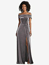 Front View Thumbnail - Caviar Gray Draped Cuff Off-the-Shoulder Velvet Maxi Dress with Pockets