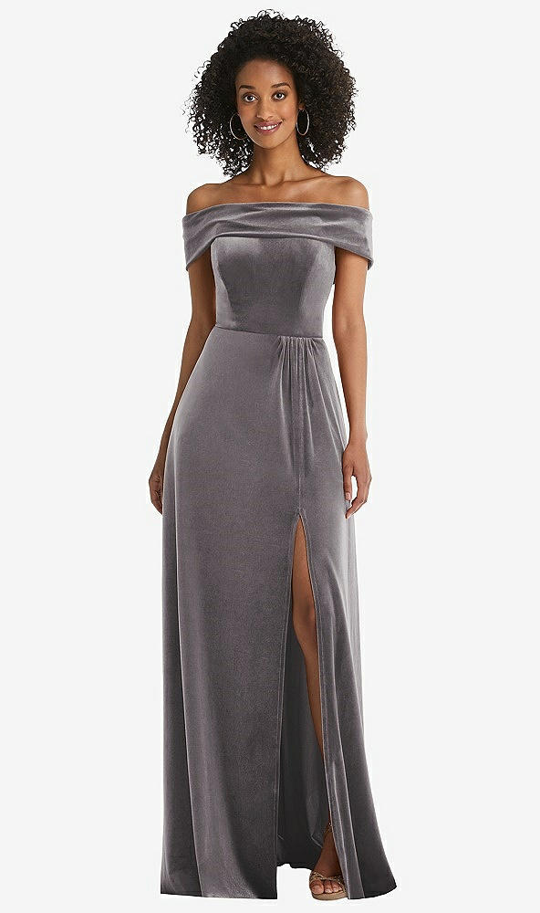 Front View - Caviar Gray Draped Cuff Off-the-Shoulder Velvet Maxi Dress with Pockets