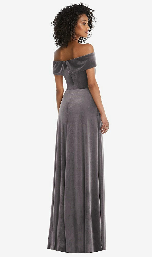Back View - Caviar Gray Draped Cuff Off-the-Shoulder Velvet Maxi Dress with Pockets