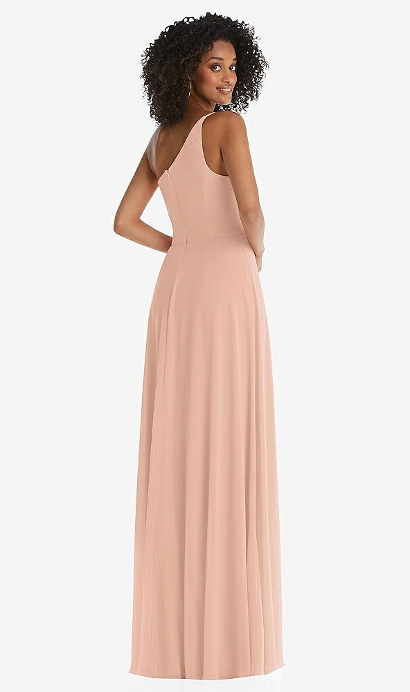 Back View - Pale Peach One-Shoulder Chiffon Maxi Dress with Shirred Front Slit