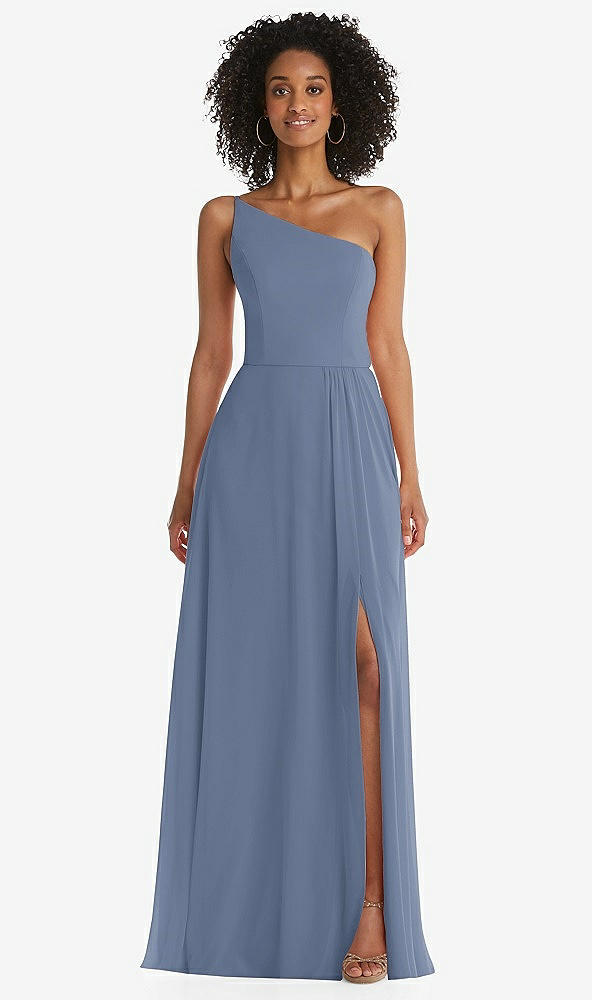 Front View - Larkspur Blue One-Shoulder Chiffon Maxi Dress with Shirred Front Slit