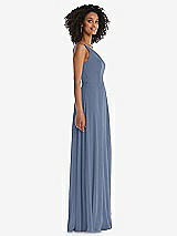 Side View Thumbnail - Larkspur Blue One-Shoulder Chiffon Maxi Dress with Shirred Front Slit