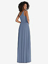 Rear View Thumbnail - Larkspur Blue One-Shoulder Chiffon Maxi Dress with Shirred Front Slit