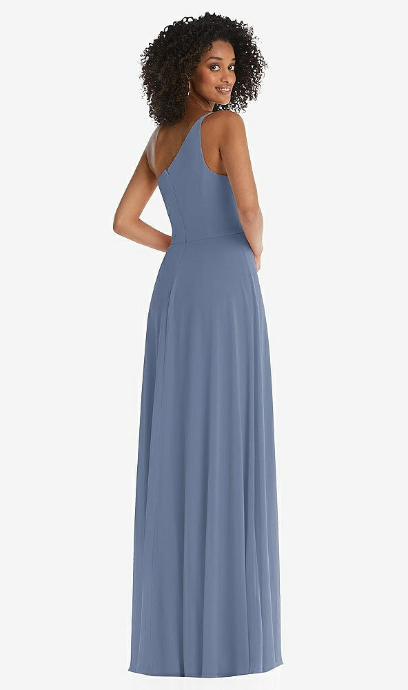 Back View - Larkspur Blue One-Shoulder Chiffon Maxi Dress with Shirred Front Slit