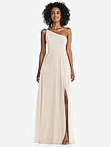 Front View Thumbnail - Oat One-Shoulder Chiffon Maxi Dress with Shirred Front Slit