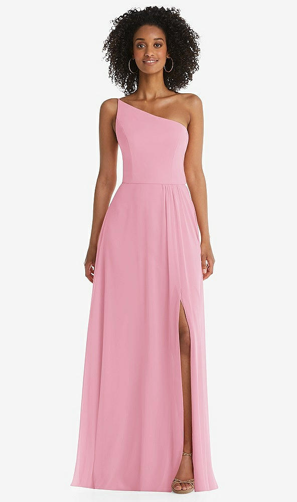 Front View - Peony Pink One-Shoulder Chiffon Maxi Dress with Shirred Front Slit