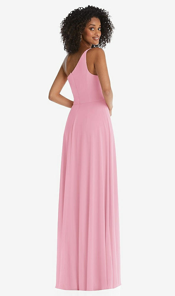 Back View - Peony Pink One-Shoulder Chiffon Maxi Dress with Shirred Front Slit