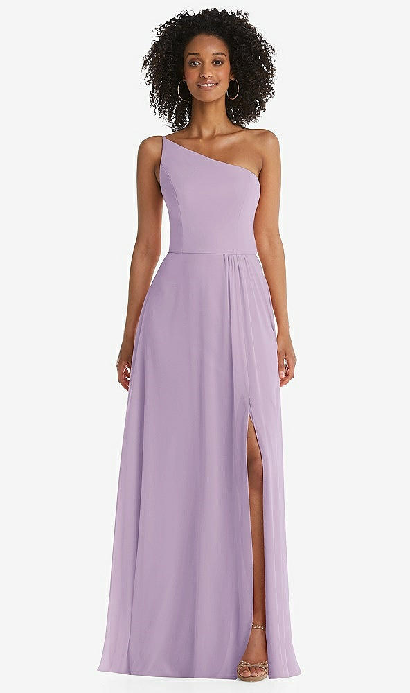 Front View - Pale Purple One-Shoulder Chiffon Maxi Dress with Shirred Front Slit