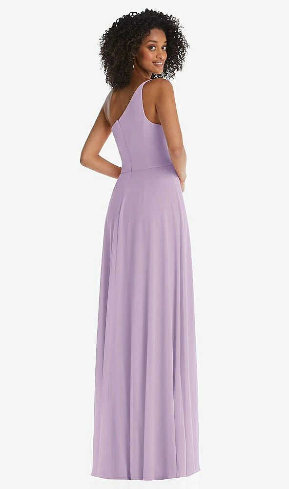 Back View - Pale Purple One-Shoulder Chiffon Maxi Dress with Shirred Front Slit