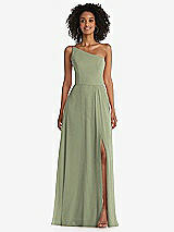 Front View Thumbnail - Sage One-Shoulder Chiffon Maxi Dress with Shirred Front Slit