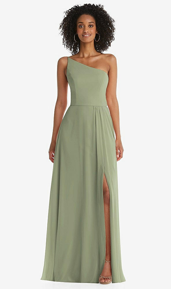 Front View - Sage One-Shoulder Chiffon Maxi Dress with Shirred Front Slit