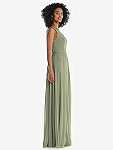 Side View Thumbnail - Sage One-Shoulder Chiffon Maxi Dress with Shirred Front Slit