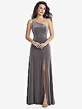 Front View Thumbnail - Caviar Gray One-Shoulder Spaghetti Strap Velvet Maxi Dress with Pockets