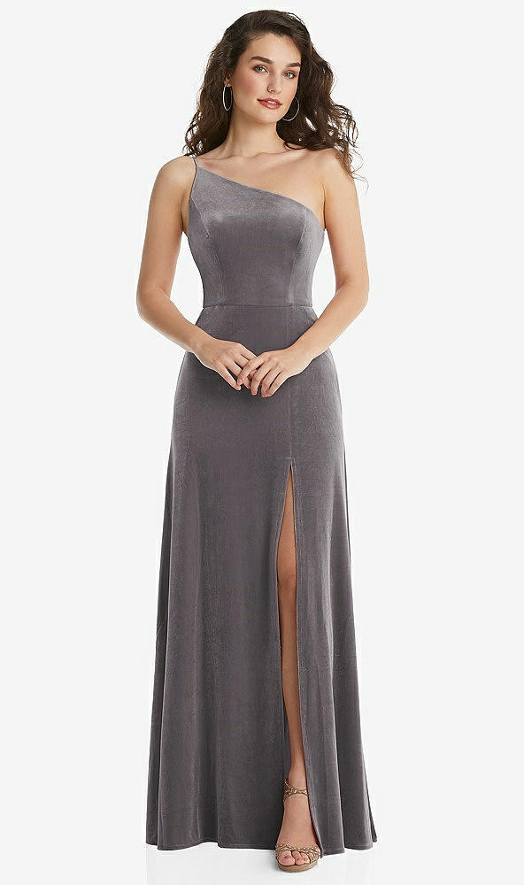 Front View - Caviar Gray One-Shoulder Spaghetti Strap Velvet Maxi Dress with Pockets