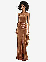 Front View Thumbnail - Golden Almond Strapless Velvet Maxi Dress with Draped Cascade Skirt