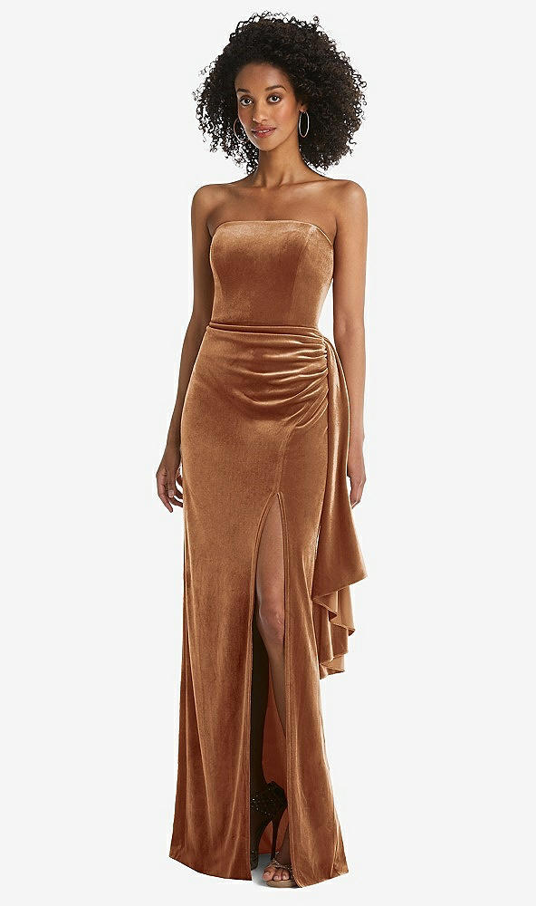 Front View - Golden Almond Strapless Velvet Maxi Dress with Draped Cascade Skirt