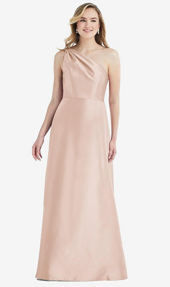 Front View - Cameo Pleated Draped One-Shoulder Satin Maxi Dress with Pockets