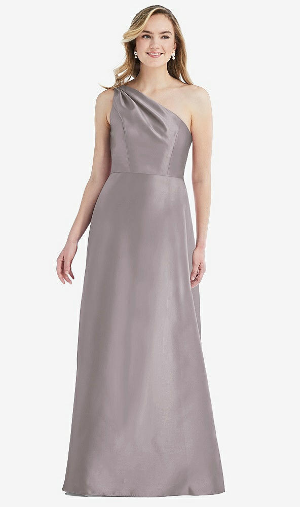 Front View - Cashmere Gray Pleated Draped One-Shoulder Satin Maxi Dress with Pockets