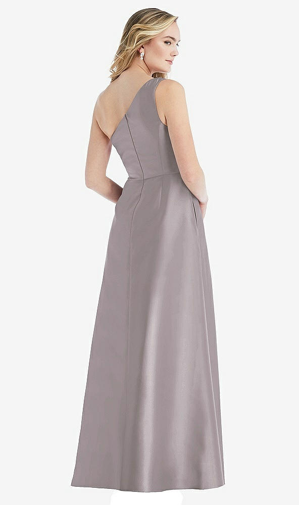 Back View - Cashmere Gray Pleated Draped One-Shoulder Satin Maxi Dress with Pockets