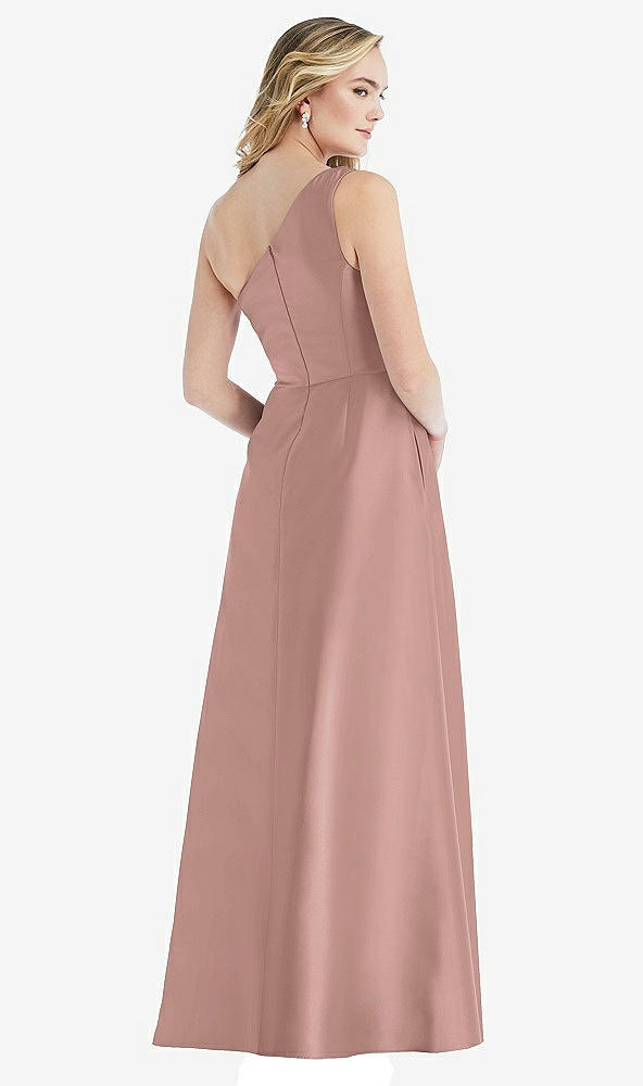 Back View - Neu Nude Pleated Draped One-Shoulder Satin Maxi Dress with Pockets