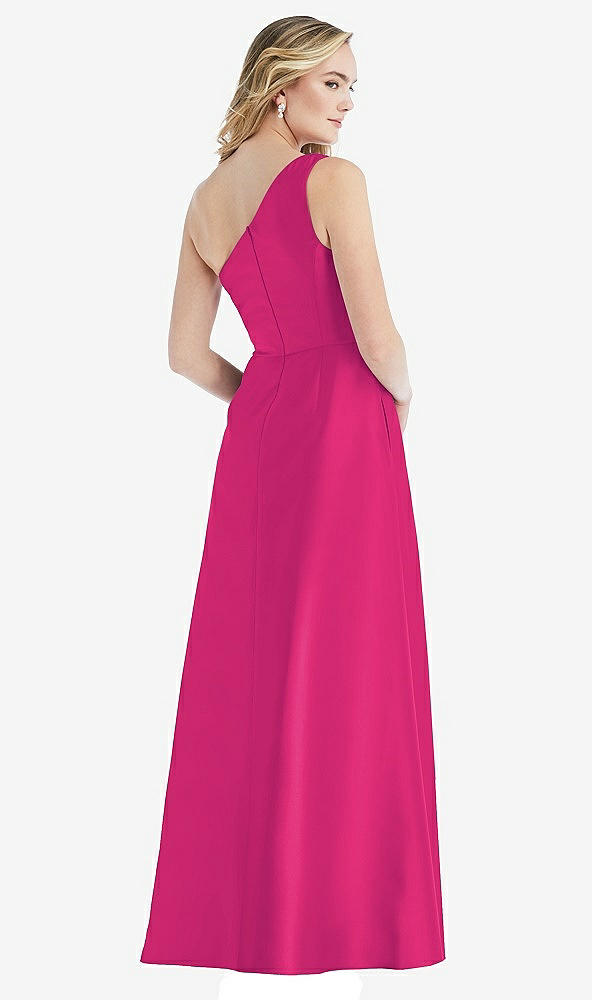 Back View - Think Pink Pleated Draped One-Shoulder Satin Maxi Dress with Pockets