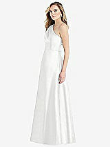 Side View Thumbnail - White Pleated Draped One-Shoulder Satin Maxi Dress with Pockets