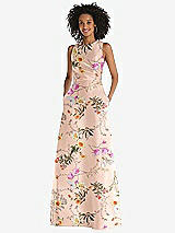 Front View Thumbnail - Butterfly Botanica Pink Sand Jewel Neck Asymmetrical Shirred Bodice Floral Satin Maxi Dress