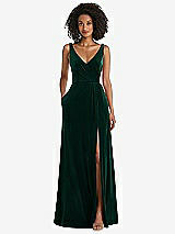 Front View Thumbnail - Evergreen Velvet Maxi Dress with Shirred Bodice and Front Slit