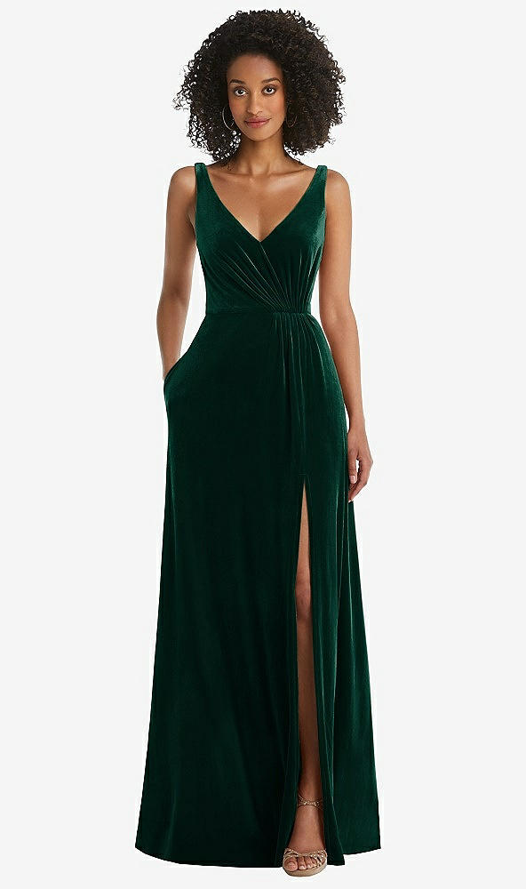 Front View - Evergreen Velvet Maxi Dress with Shirred Bodice and Front Slit