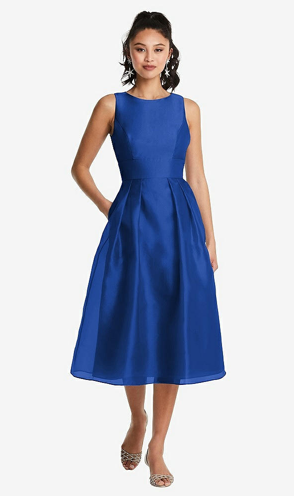 Front View - Sapphire Bateau Neck Open-Back Pleated Skirt Midi Dress