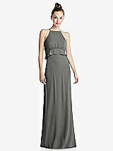Front View Thumbnail - Charcoal Gray Bias Ruffle Empire Waist Halter Maxi Dress with Adjustable Straps