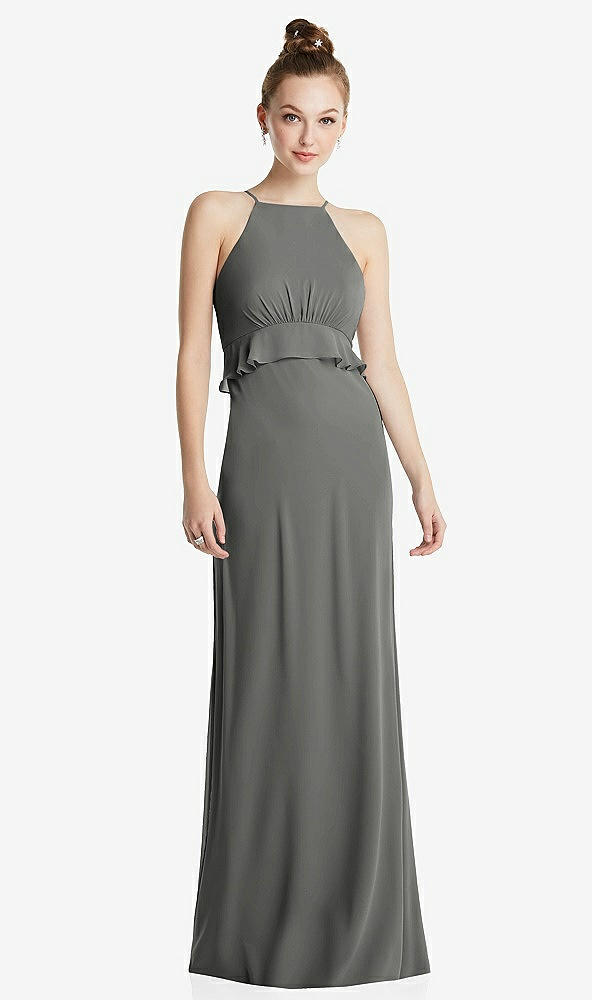 Front View - Charcoal Gray Bias Ruffle Empire Waist Halter Maxi Dress with Adjustable Straps