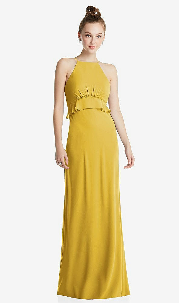 Front View - Marigold Bias Ruffle Empire Waist Halter Maxi Dress with Adjustable Straps