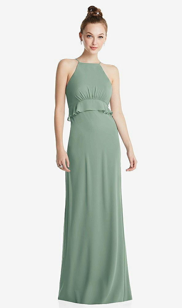 Front View - Seagrass Bias Ruffle Empire Waist Halter Maxi Dress with Adjustable Straps