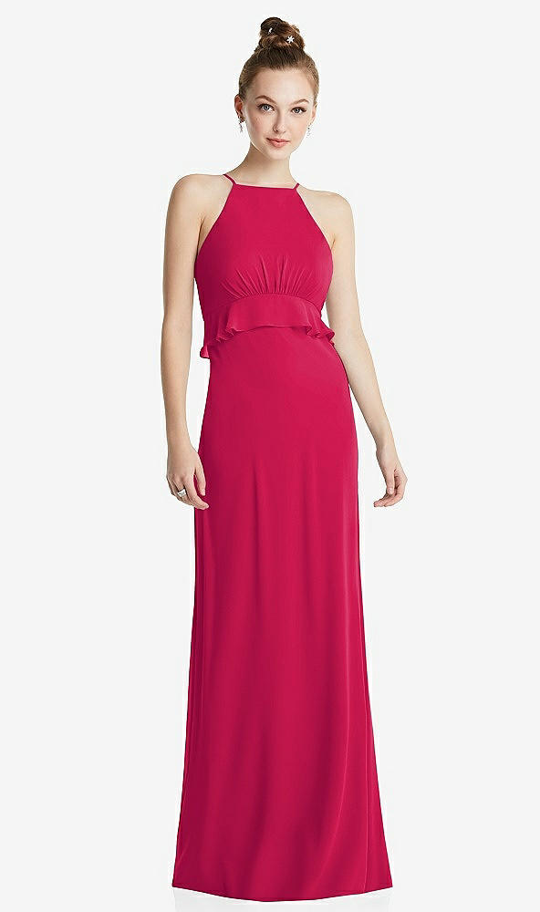 Front View - Vivid Pink Bias Ruffle Empire Waist Halter Maxi Dress with Adjustable Straps