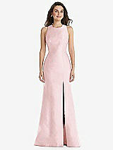 Front View Thumbnail - Ballet Pink Jewel Neck Bowed Open-Back Trumpet Dress with Front Slit