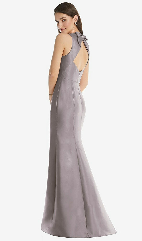 Back View - Cashmere Gray Jewel Neck Bowed Open-Back Trumpet Dress with Front Slit