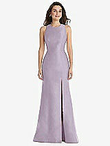 Front View Thumbnail - Lilac Haze Jewel Neck Bowed Open-Back Trumpet Dress with Front Slit